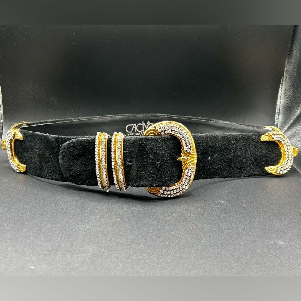 VTG 90s Cache Embellished Rhinetone Gold Suede Black Belt 36.5”